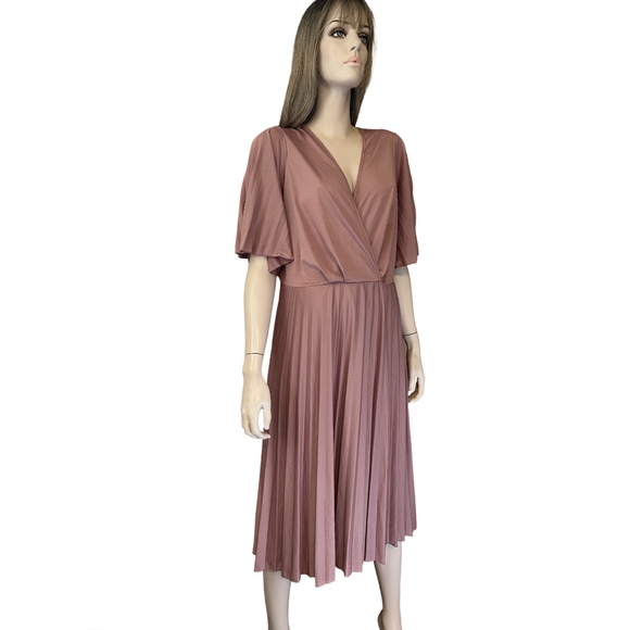 ASOS Dress Simply Be Pleated Kimono Sleeve Deep V Neck Midi Skater Rose Pink - Picture 7 of 14